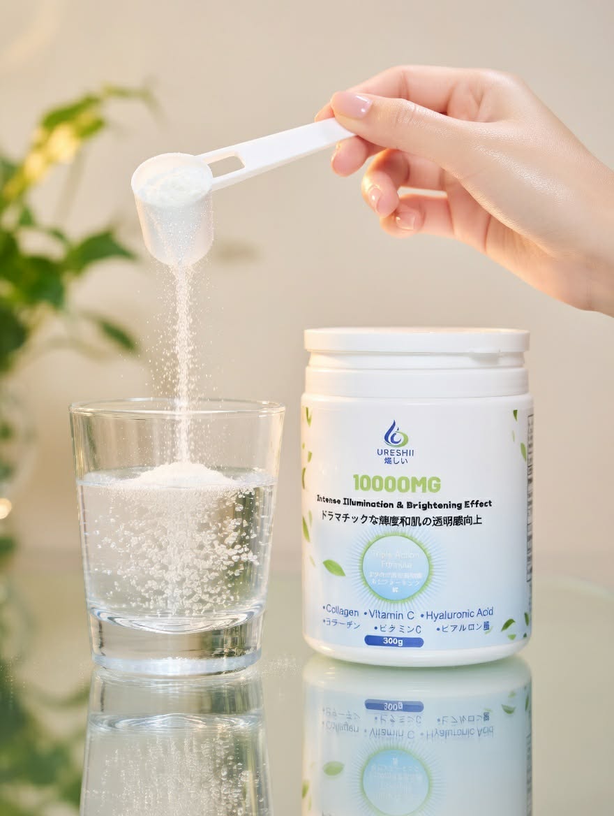 Preparing collagen drink with vitamin C and hyaluronic acid powder supplement