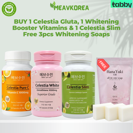 BUY 1 Celestia Gluta, 1 Whitening Booster Vitamins & 1 Celestia Slim Free 3pcs Whitening Soaps