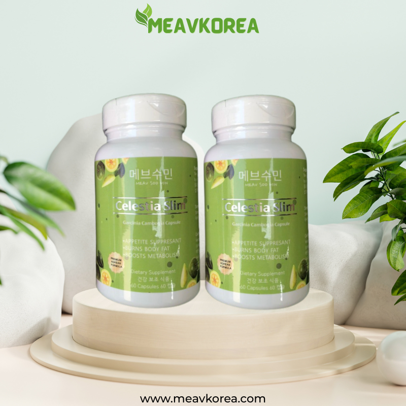Two bottles of Celestia Slim Garcinia Cambogia capsules for weight loss, appetite control and metabolism support display