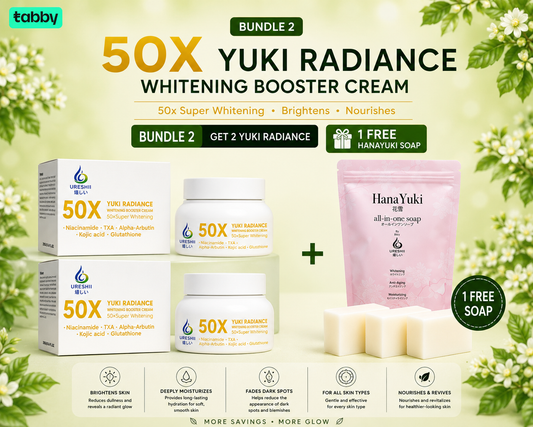 Yuki Radiance Whitening Booster Cream bundle with free soap on a green floral background